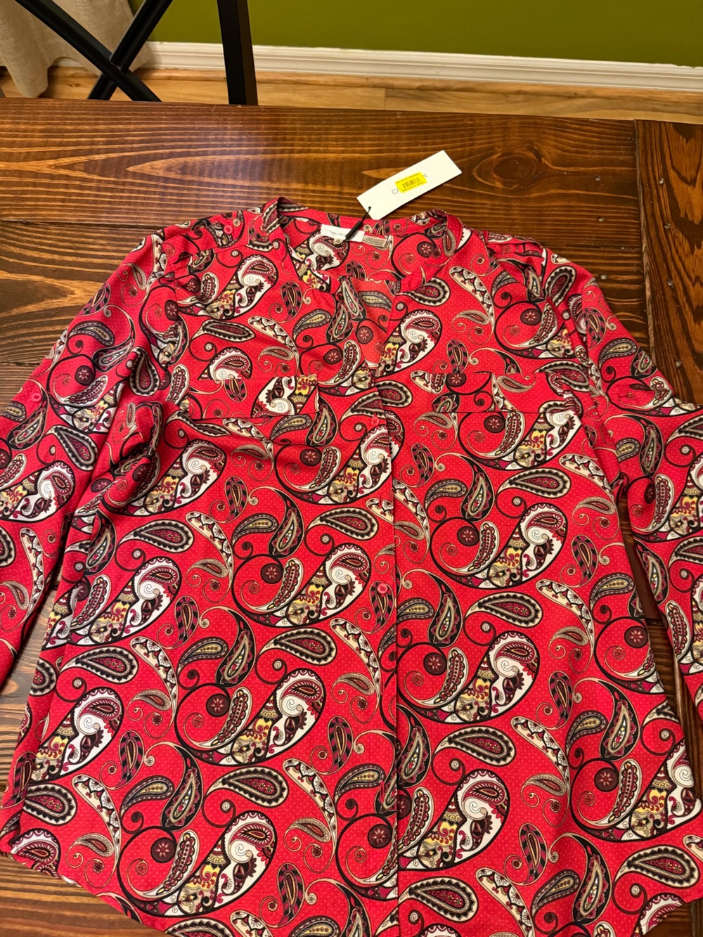 Calvin Klein Red Paisley Button-Front Blouse with Black & White Accents